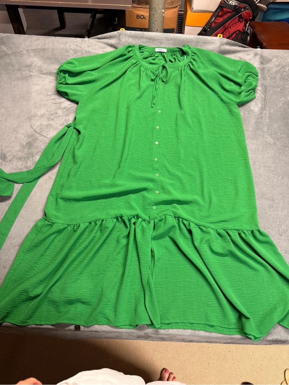 Valleygirl Bright Green Button-Front Midi Dress with Tie Waist